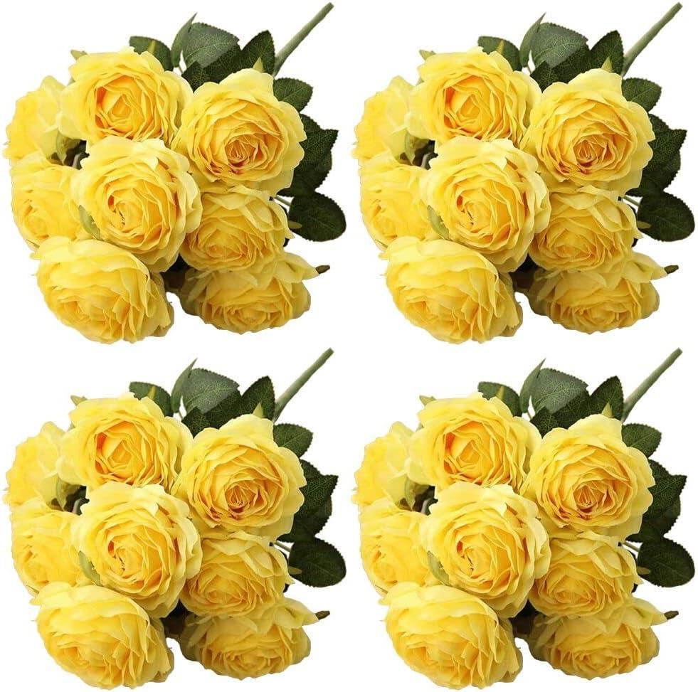 4 Bundles Artificial Roses Flowers 10 Heads Arrangement Silk Bridal Bouquet for Home Office Parties and Wedding Decoration (Yellow 4pcs)
