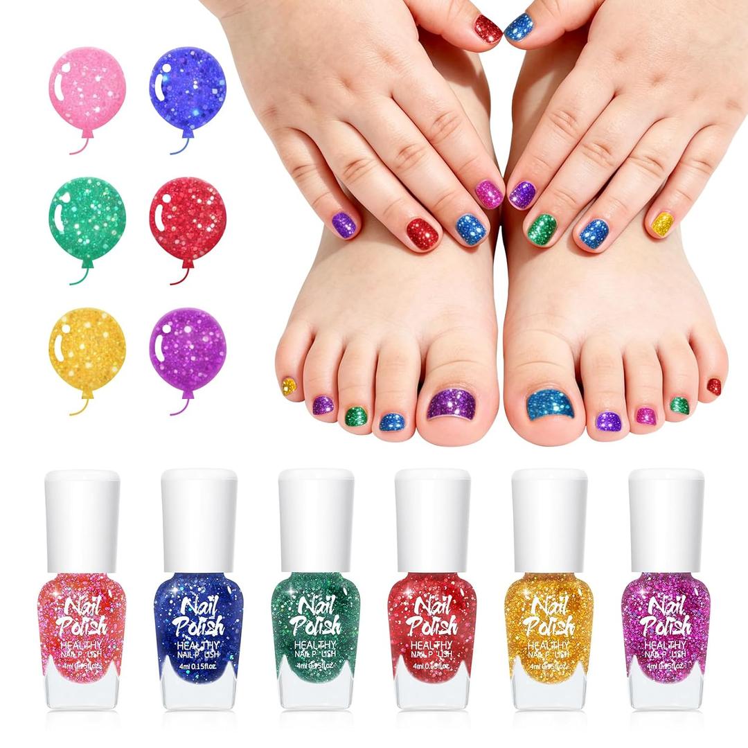Kids Nail Polish Set - 6 Colors Non Toxic Safe Toddler Quick Dry Glitter Nail Polish, Water Based Peel Off Low Odor Girls Air Dry Nail Polsih Kit for DIY Gift Kid Ages 3+