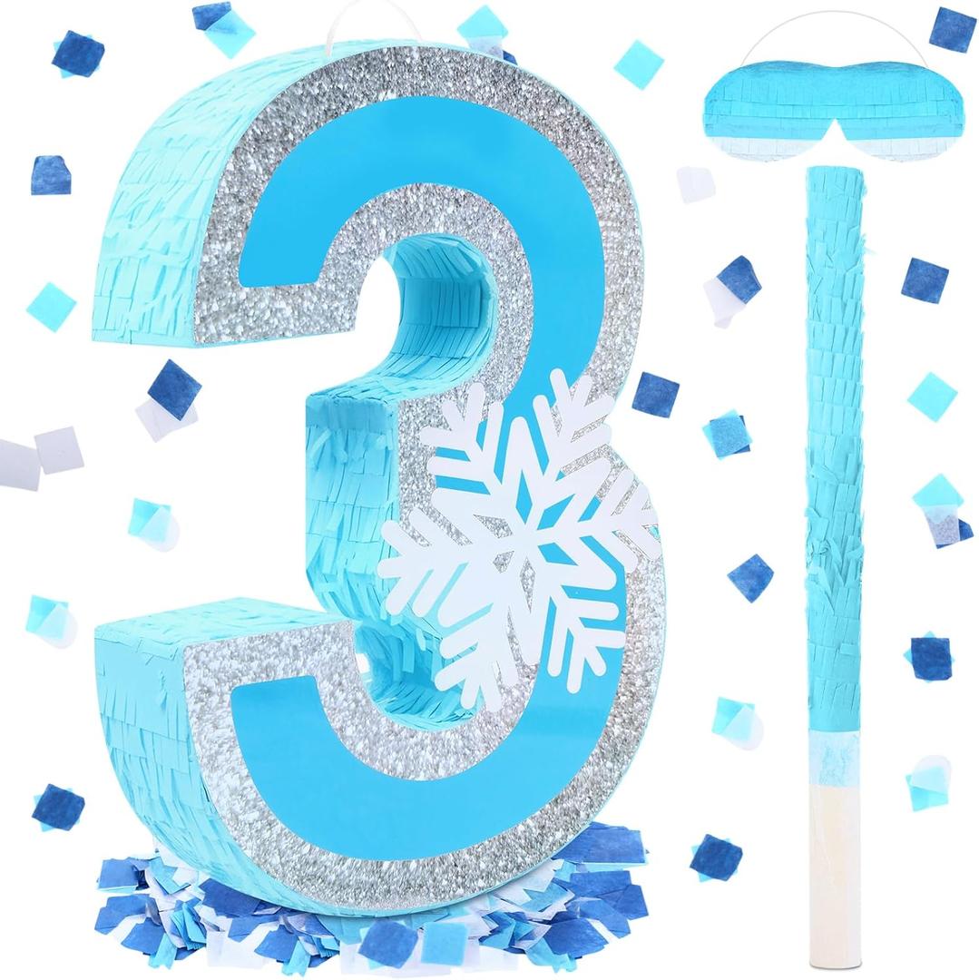 Number 3 Piata with Stick Blindfold Confetti, Blue Piata for Winter Ice Snowflake Princess Birthday Party Anniversary Decorations Supplies