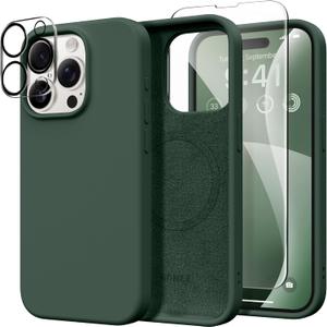GONEZ Magnetic for iPhone 15 Pro Case, [Compatible with MagSafe] Anti-Scratch Microfiber Lining & Screen Protector, Shockproof Slim Phone Silicone Cover 6.1 inch, Dark Green
