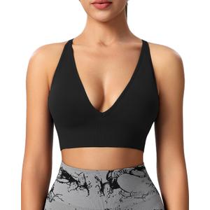 Evercute Women's Sports Bras 3/4 Pack Adjustable Deep V Neck Bras Wireless Spaghetti Strap Criss Cross Padded Low Support Bra (Large, Black 1 Pack)