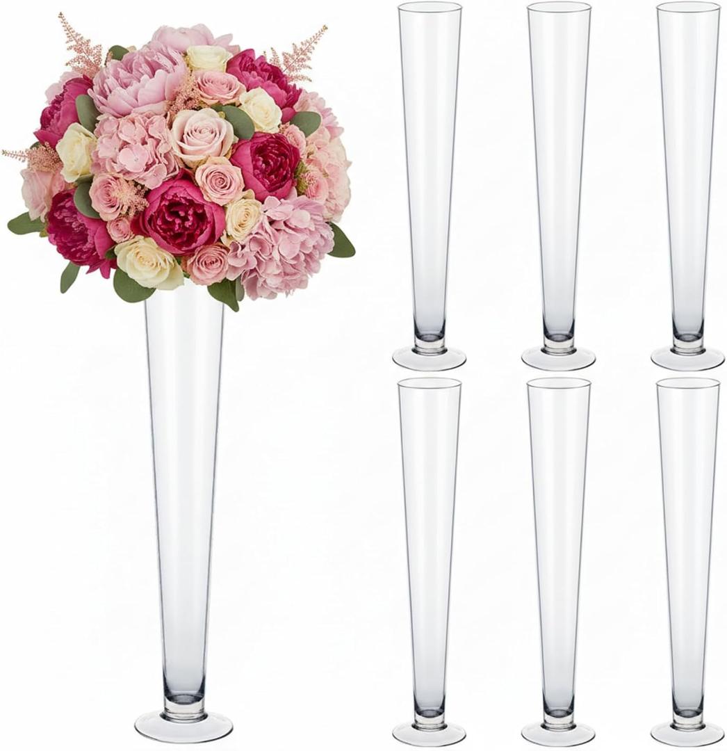Amylove 6 Pcs Trumpet Glass Vase Bulk 24" Tall, Flower Glass Vase Decorative for Centerpieces, Flowers, Floating Candle Holder, Table Shelf Party Decoration, Wedding Home Decor