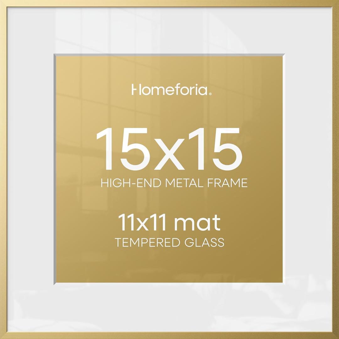 Homeforia 15x15 Picture Frame Gold, High End Metal 15 x 15 Square Poster Frame with Mat 11 x 11 Photo, 15x15 Frame Matted to 11x11 Print, 15by15 Gold Hanging Frames, Tempered Glass, Wall Kit, Set of 1