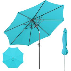 Outdoor Patio Umbrella with One Push Button Tilt and Crank, 8 Sturdy Ribs Market Table Umbrella, Turquoise-Fiberglass Ribs