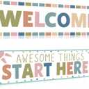 Boho Welcome Classroom Decorations Colorful Rainbow Awesome Things Start Here Bulletin Board Decor Pastel Welcome Banner Poster for Pre Elementary Middle School Wall Signs Supplies Teachers Kids, 39 x 11.8 inches