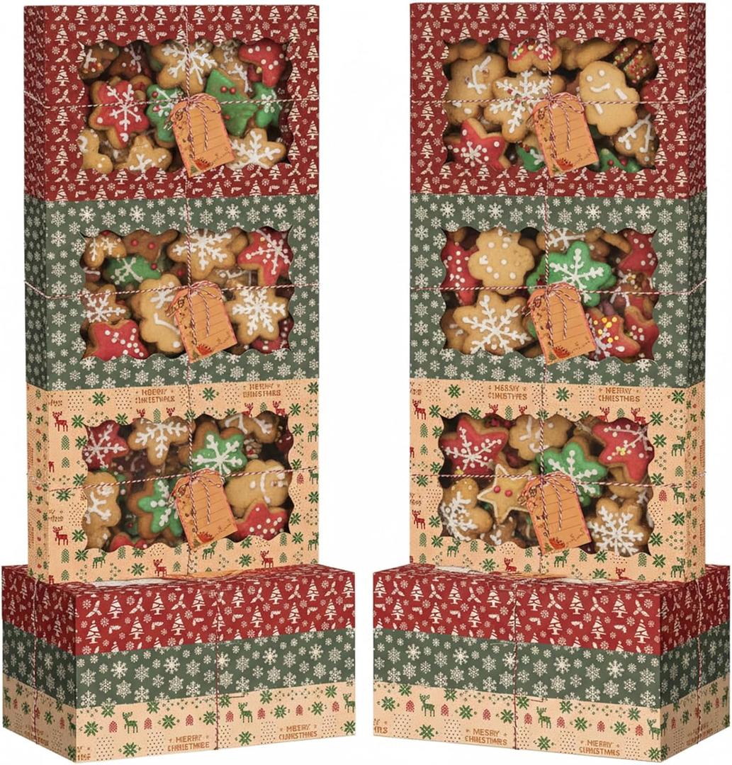 Ctosree 12 Pack Christmas Cookie Boxes with Window for Gift Giving 2.8 x 10 x 15 Inches Holiday Bakery Treat Boxes Large Kraft Pastry Container with Rope DIY Gift Tags Xmas Party Favor (Classic)