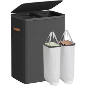 SONGMICS Laundry Basket, 44.9 Gal. Laundry Hamper, 2 Compartments, Easy Assembly, with Lid and Handles, Removable Liners, 22 x 15.7 x 29.5 Inches, Ink Black ULCB813B01, 170 L
