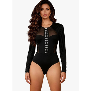 Womens Long Sleeve Bodysuit Mesh Sheer Body Suits Tops One Piece Leotard Shirt Trendy Going Out Tops, Size M