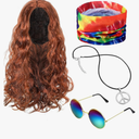 WILLBOND 4 Pieces Hippie Costume Set, Wig Peace Sign Necklace Sunglasses and Tie Dye Headband Pride 60s 70s Accessories (Brown,Wavy Hair)