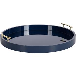 Kate And Laurel Lipton Modern Round Ottoman Tray; 22 Inch Diameter; Navy and Gold; Decorative Circle Coffee Table Tray for Living Room Decor or Large Serving Tray