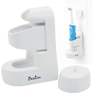 Perlin Electric Toothbrush Holder Wall Mounted No Drilling Self Adhesive Bathroom Organizer for Charging Station Universal Fit Waterproof Removable Space Saving White