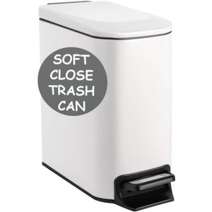 Homie Soft Close, Slim Trash Can 6 Liter / 1.6 Gallon with Anti - Bag Slip Liner and Lid, Use as Mini Garbage Basket, Slim Dust Bin, or Decor in Bathroom, Restroom, Kitchen, or Bedroom (Matte White)