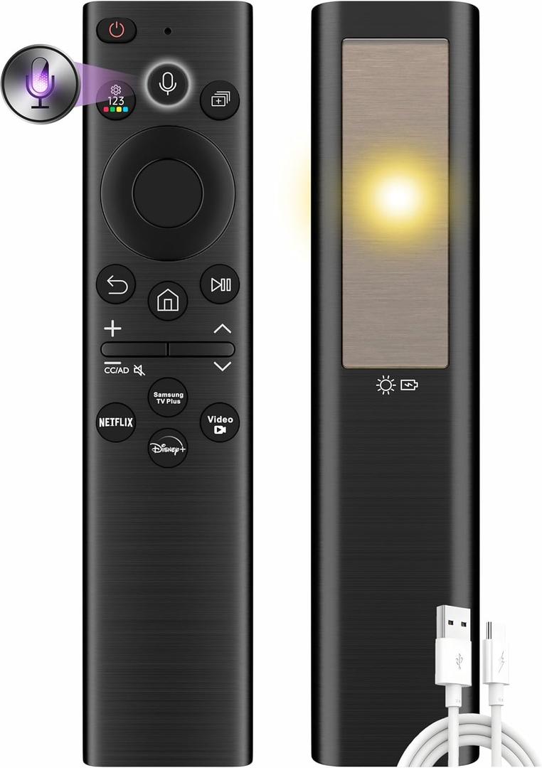 Replacement for Samsung Remote Control for Smart TV, Rechargeable Samsung Solar TV Remote 2025-2018, Universal, Fast Charging, Solarcell, Free USB C Cable, Voice, Bluetooth. 2-Year