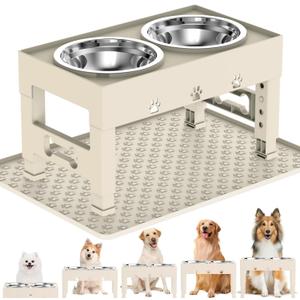 Elevated Dog Bowls with Mat, Raised Dog Food Bowl Stand with 2 Stainless Steel Bowls, 5 Height Adjustable (3.1", 9", 10", 11", 12") Non-Slip Feeder Set for Medium and Large Dogs  Apricot
