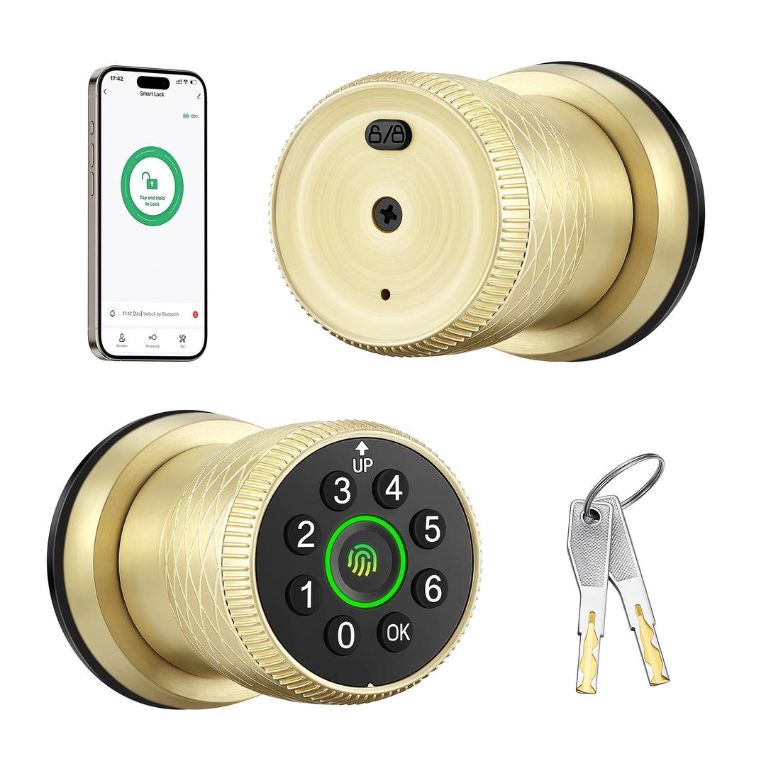 Leydebong Keyless Entry Fingerprint Door Knob, Smart Biometric Door Lock with Keypad Passcode Door Knob with Auto-Lock for Front Door, Bedroom, Gate & Office