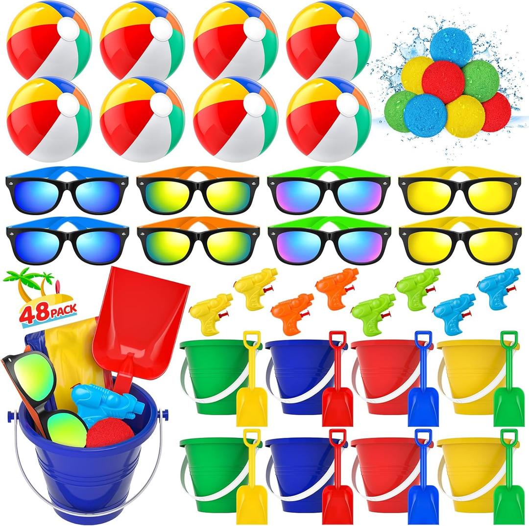 Pool Party Favors Beach Party Favors - 48 PCS Pool Toys For Kids Ages 3-8 Beach Balls Bulk, Sand Bucket and Shovels Set, Kids Sunglasses Bulk, Beach Summer Toys, Pool Party Supplies, Sand Toys