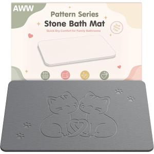 AWW Stone Bath Mat, Diatomaceous Earth, Cat Pattern, Grey, 23.6" x 15.5"