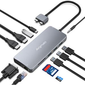 USB C Hub with Triple Different Display, 12-in-1 Dongle, USB-C PD3.0, 4K@30Hz HDMI, 3 USB 3.0, SD/TF Card Reader Adapter Compatible for MacBook Pro Air Mini
