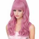 Rugelyss Long Wavy Pink Wig with Bang Big Bouffant Beehive Wigs for Women fits 80s Costume or Halloween Party