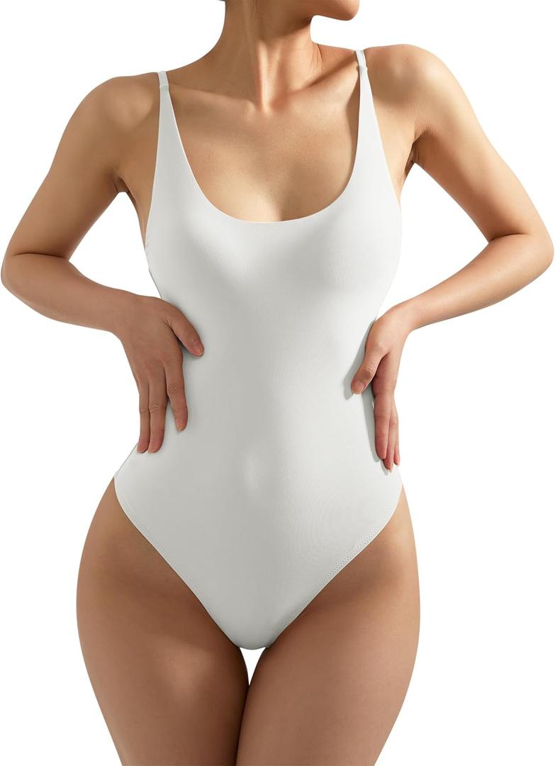 SUUKSESS Women Sexy Scoop Neck Thong Bodysuit Backless Cami Bodysuit Top (White, M)