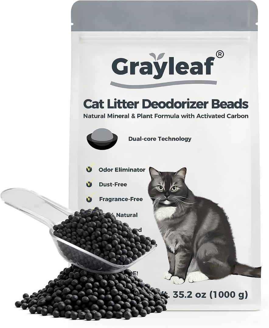 Grayleaf Unscented Cat Litter Deodorizer, 2.2lb(35.2oz) Odor Eliminator for Litter Box | Activated Carbon & Mineral Beads, Dust-Free Pet Odor Absorber, Baking Soda Free for Multi-Cat & Automatic Boxes