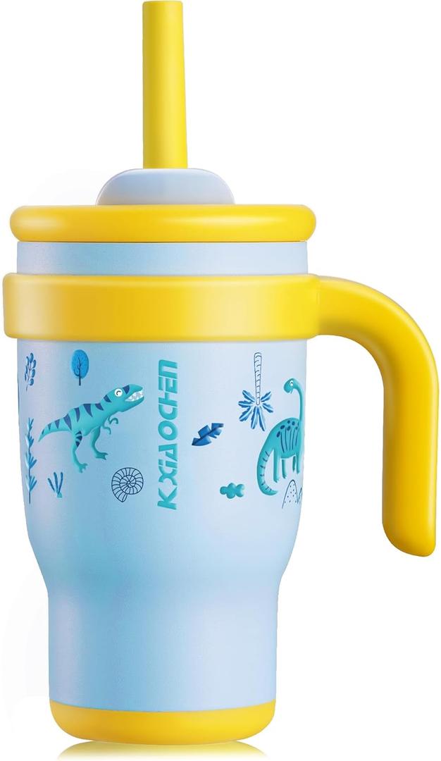 KXIAOCHEN Toddler Tumbler With Straw Spill Proof 14 Oz, Kids Tumbler With Handle Insulated Stainless Steel BPA-Free Keeps Drinks Cold up to 24 Hrs for Travel Cup Holders Outdoors, Blue Dinosaur