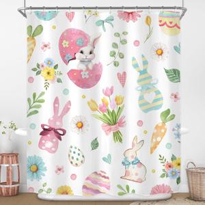 Riyidecor Easter Rabbit Shower Curtain for Bathroom Decor 60Wx72H Cute Bunny Eggs Spring Funny Floral Tulip Leaves Flower Lovely Cartoon Art Printed Fabric Polyester Waterproof 12 Pack Plastic Hooks