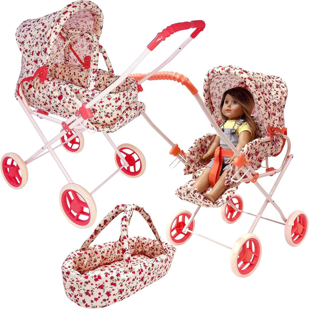 Baby Doll Stroller Play Set, 3-in-1 Babydoll Stroller with Removable Bassinet Baby Carriage for Dolls Toy Doll Stroller for Toddlers 3-4 Years, (Floral)