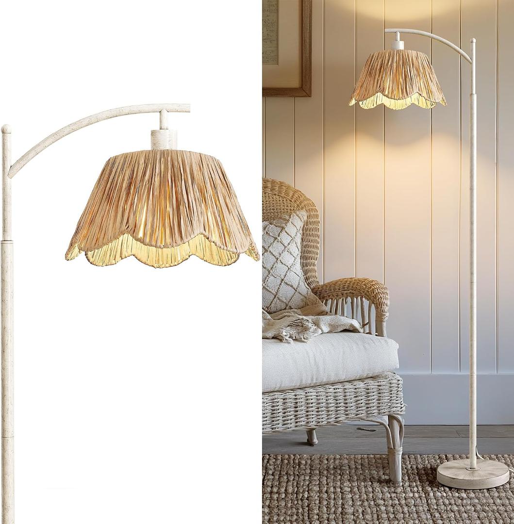 Oneach Farmhouse Floor Lamps for Living Room, Boho Floor Lamp for Bedroom with Foot Switch, Rattan Floor Lamp for Reading with Hand-Woven Shade, Antique White Metal Base & Pole