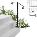 Handrails for Outdoor Steps-Single Post Wrought Iron Handrail for 1, 2 Step-Outdoor Stair Rail Handrails-38.9" H Black Wrought Iron Hand Rail Powder Coating for Concrete Steps or Wood Stairs