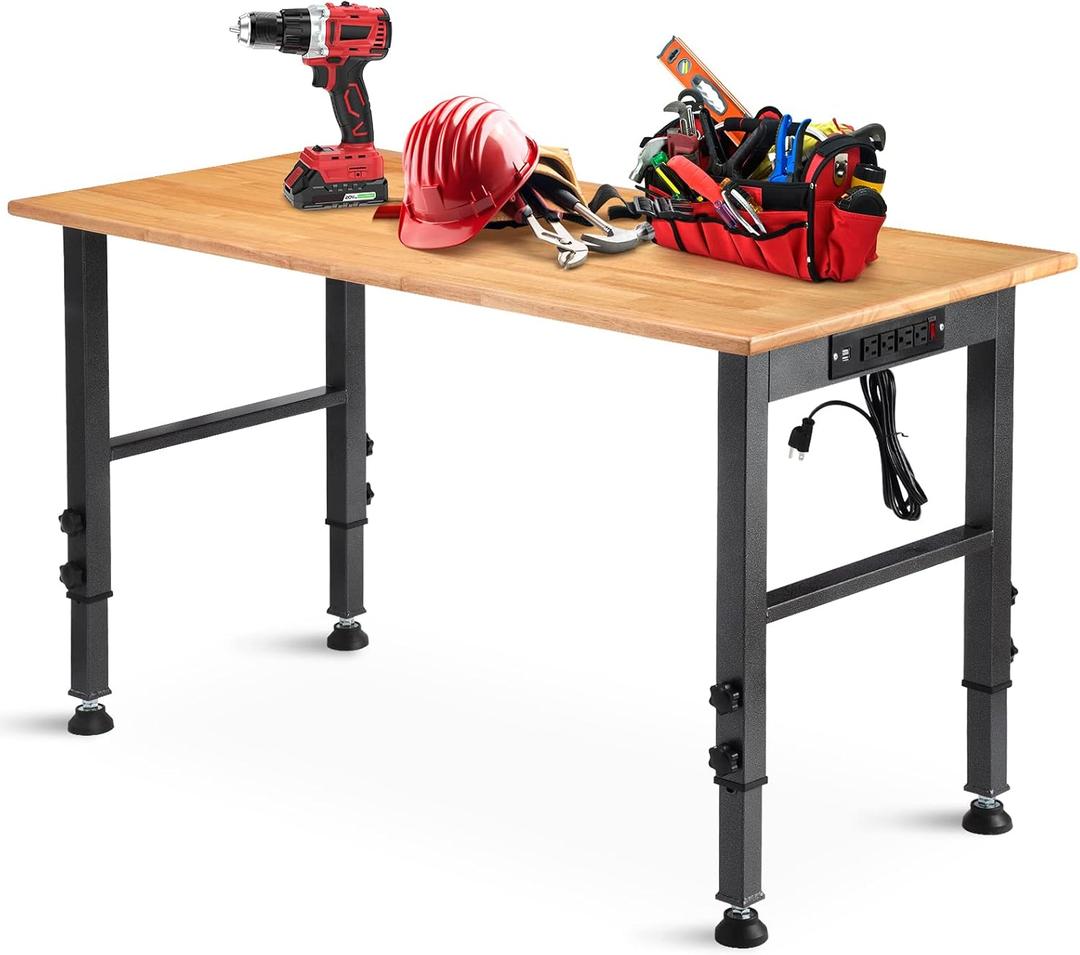 OLBRUS 48 "Adjustable Workbench with Power Outlet, Heavy Duty 2000 LBS Load Capacity Hardwood Workbench Suitable for Workshop, Office, Garage, Home