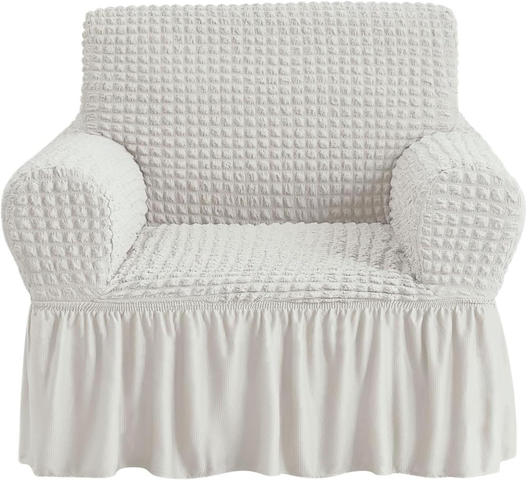 NICEEC Armchair Slipcover Ivory Armchair Covers 1 Piece Easy Fitted Sofa Couch Cover Universal High Stretch Durable Furniture Protector with Skirt Country Style (1 Seater Ivory) (Small) NICEEC Armchair Slipcover Ivory Armchair Covers 1 Piece Easy Fitted Sofa Couch Cover Universal High Stretch Durable Furniture Protector with Skirt Country Style (1 Seater Ivory) (Small)