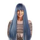 Blue Wig with Bangs Long Straight Blue Wig for Women Girls Heat Resistant Synthetic Hair for Cosplay Party Halloween Costume