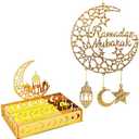 ONEHAUS Ramadan Decorations for Home, Eid Mubarak Wooden Wreath & Serving Tray Eid Decorations Door Hanging Sign, Golden Mosque Ramadan Wall Decor Al-fitr Moon Star Container for Islamic Party Storage