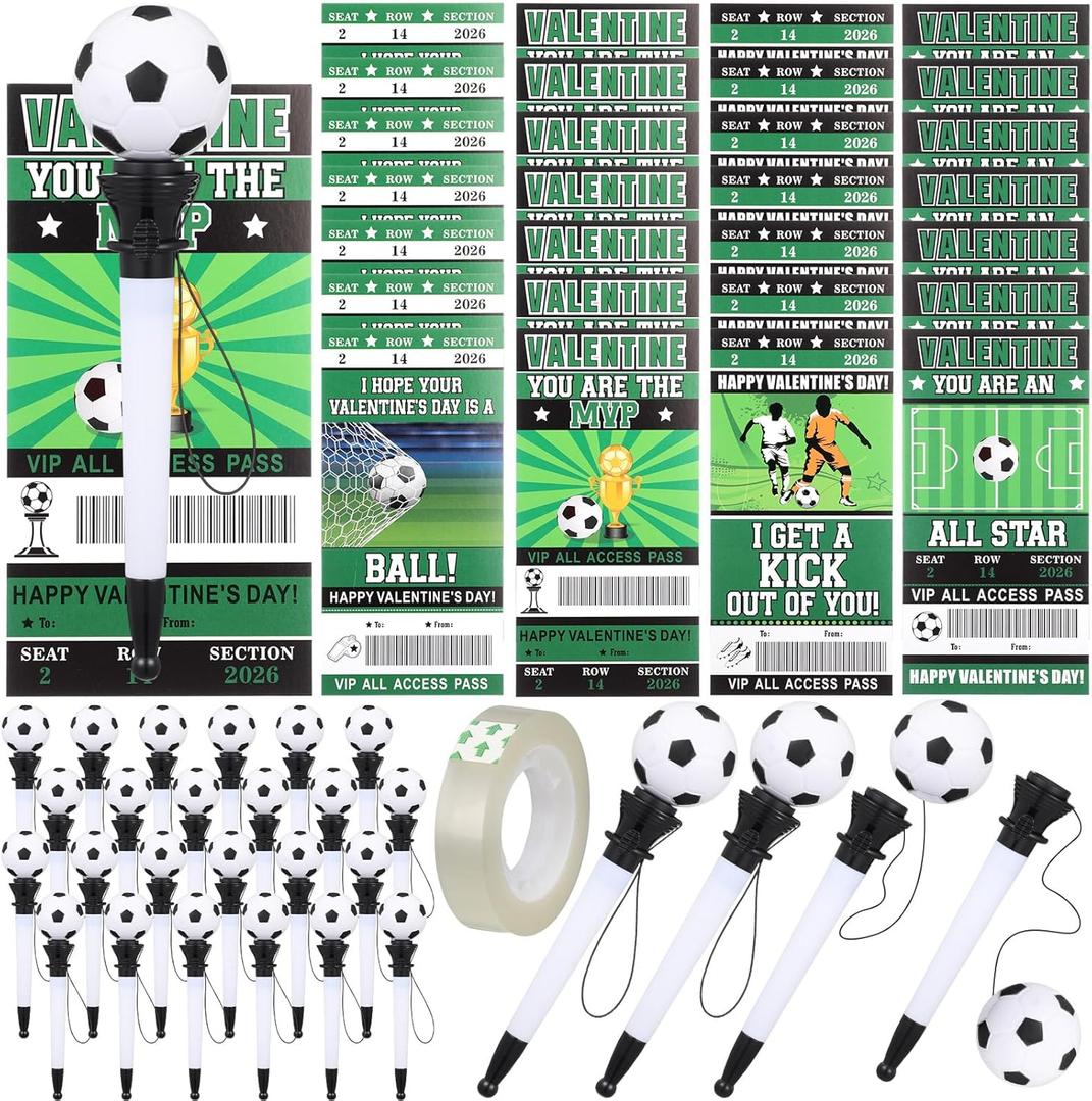 28 Set Valentine's Day Sports Cards with Ballpoint Pen Set - 2026 Soccer Pens Sports Cards for Valentine's Day School Classroom Kid Exchange Gift Birthday Party Favor