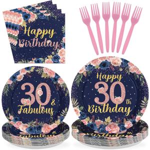 96Pcs 30th Birthday Party Decorations for Womens Navy Blue Rose Gold Floral 30th Birthday Plates and Napkins Sets for Women Girls Back in 1995 Cheers to 30 Years Old Party Supplies Serves 24