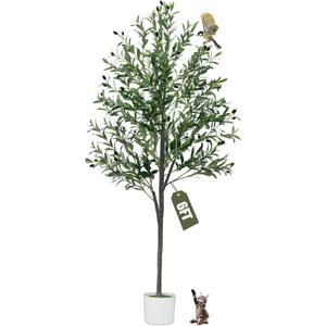 6FT Artificial Olive Tree,Artificial Plants Indoor,Faux Olive Tree Indoor with Natural Wood Trunk and Realistic Leaves and Fruits for Home Office Decor Thanksgiving Gift