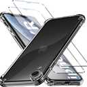 for iPhone XR 6.1-Inch Case, Shockproof TPU Clear Cover with 2 Pack Tempered Glass Screen Protectors & Leather Kickstand (3M Adhesive Mount) for Stand/Horizontal Viewing, Clear