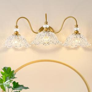 Gold Bathroom Vanity Light, 3-Light Brushed Gold Finish Vanity Light with Floral Clear Glass Shades, Retro Wall Mount Lighting for Bathroom, Dressing Table
