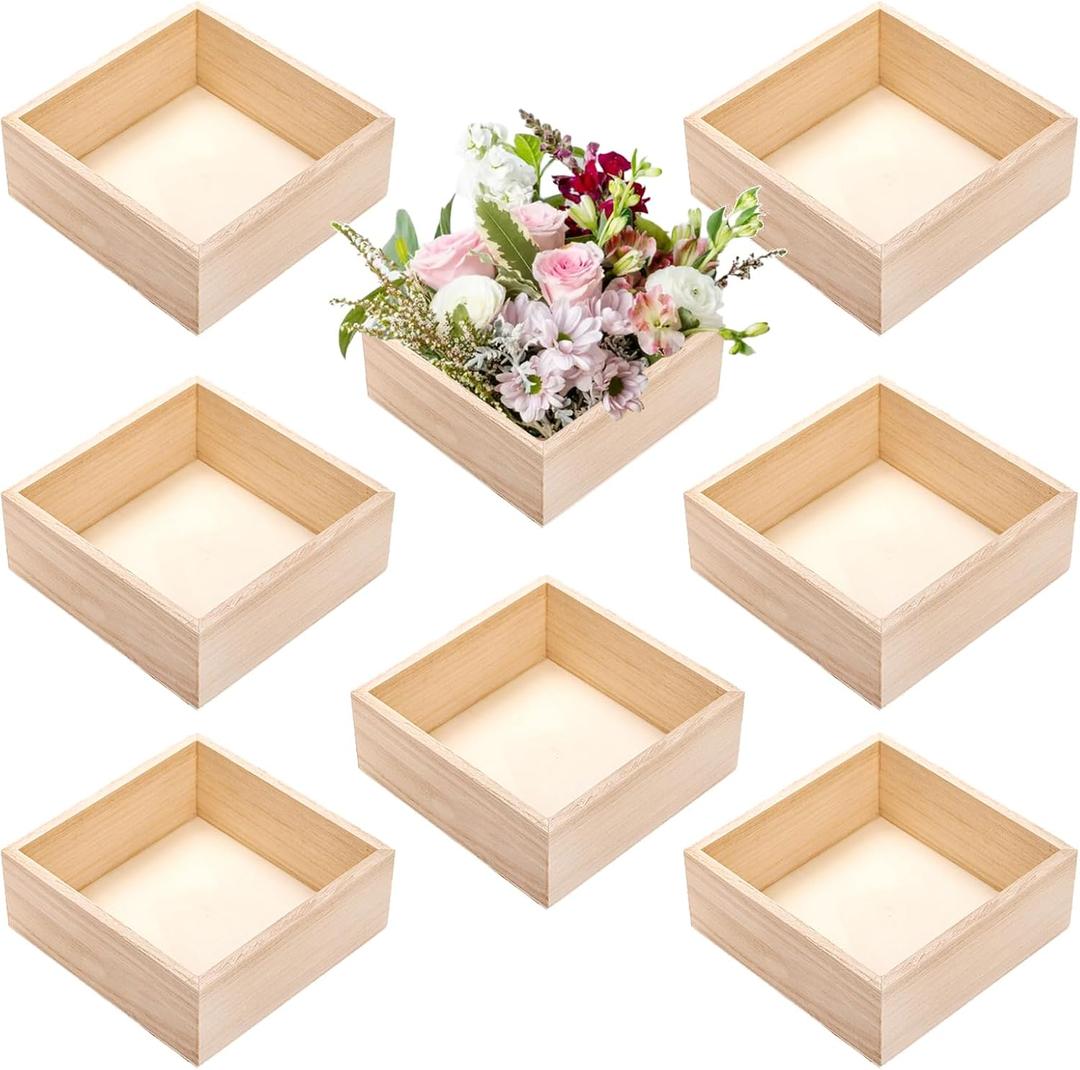 Frcctre 8 Pack Unfinished Wooden Box, 6 x 6 Inch Square Rustic Wooden Box Storage Organizer Boxes Small Wood Boxes for Crafts, Centerpiece, Home Decor, Storage, Collectibles, Succulent, Drawer