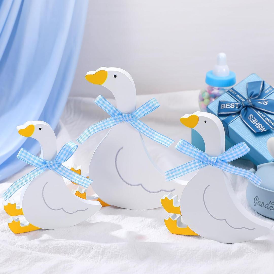 Yousoontic 3 Pcs Silly Goose Decorations for Party 5.9/4.9/4.3 Inch Bow Wooden Goose Table Centerpiece for Nursery Birthday Baby Shower Desk Tiered Tray Party Favor(Blue)