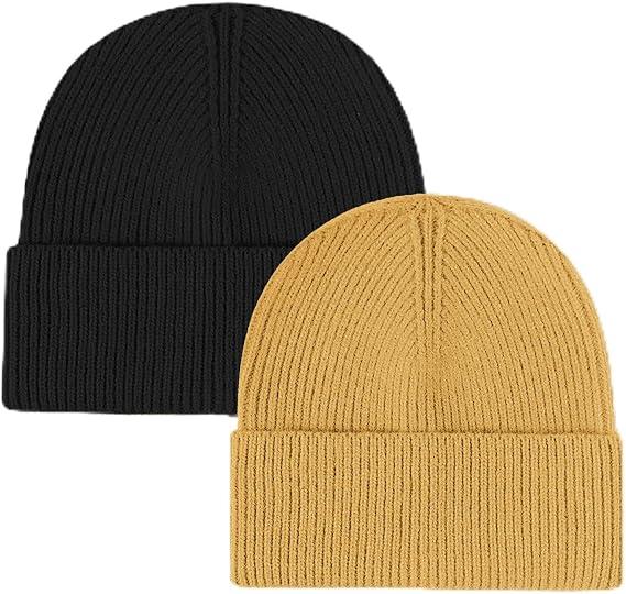 Set Of 2 ZOORON 1&2 Unisex Thick Knitted Beanie for Men Women Cuffed Plain Hat Winter Slouchy Ski Beanies Khaki + Black