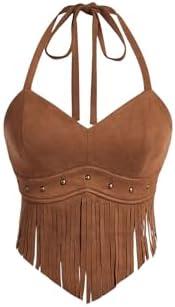 WDIRARA Women's Asymmetrical Fringe Hem Tie Backless Halter Vest Slim Fit Suede Vintage Crop Tank Tops, size extra small