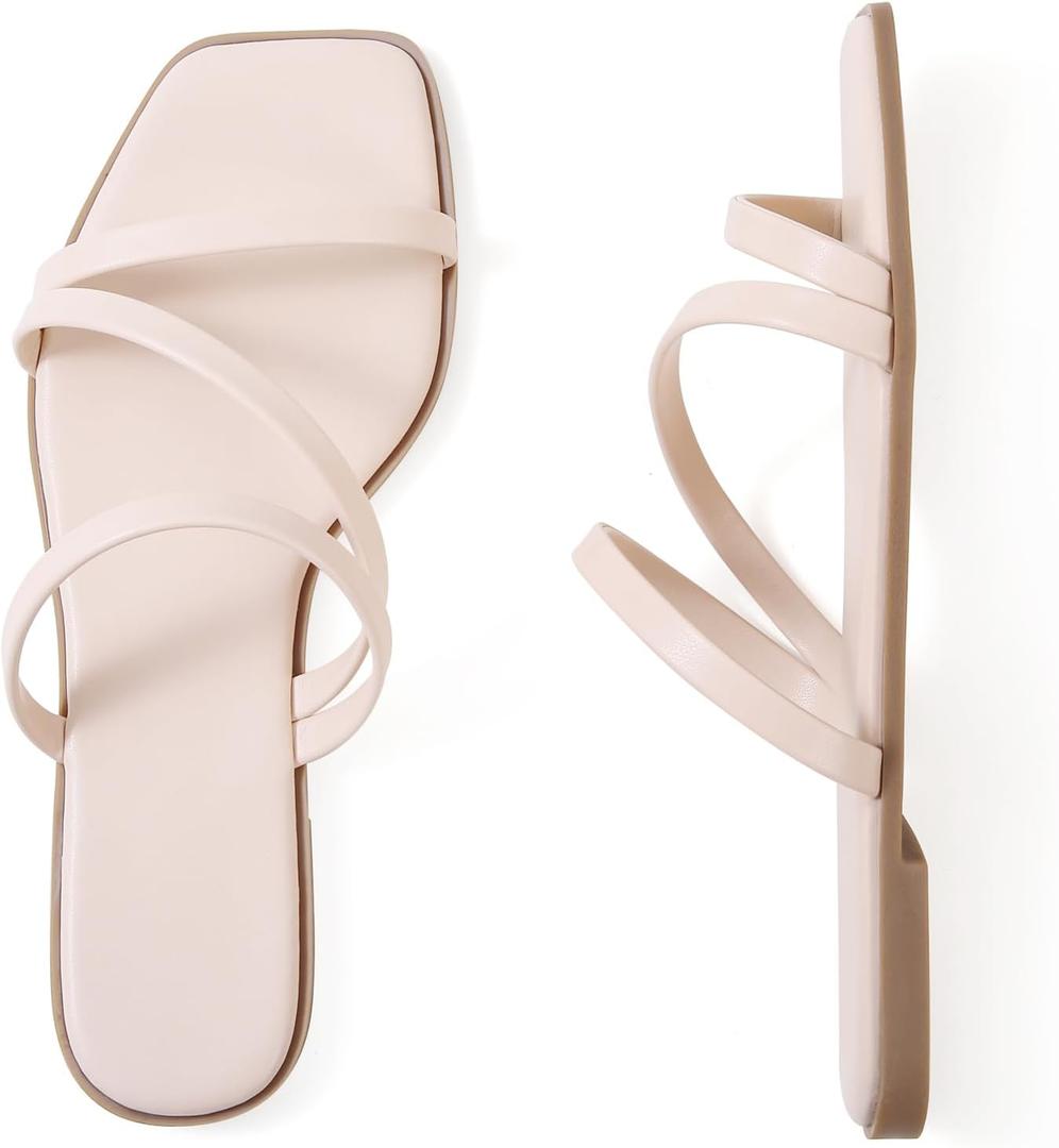 LACUONE Strappy Flat Sandals For Women Slip On Square Open Toe Slides Sandals (6, Light Nude)