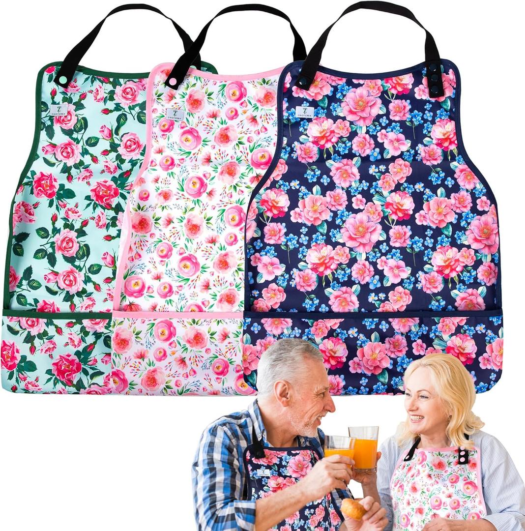 Adult Bibs with Crumb Catcher,3Pack Adjustable Bibs for Eating,Waterproof Washable Men Clothing Protectors,Reusable Large Feeding Bib for Women Elderly Seniors