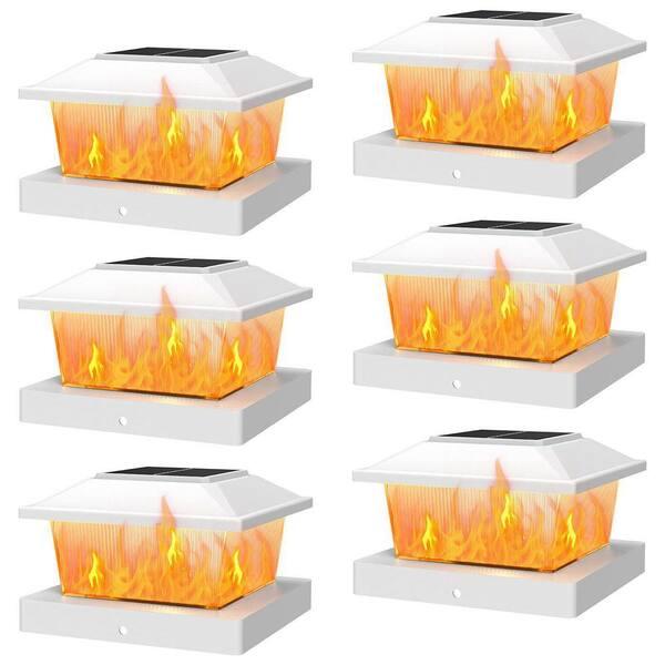 APONUO Solar Post Cap Lights with Flickering Flame & Warm White, 6-Pack for 4x4 Wood/ 5x5 Vinyl Posts, Solar Powered Deck & Fence Lights, Auto On/Off, IP65 Waterproof, Glossy White
