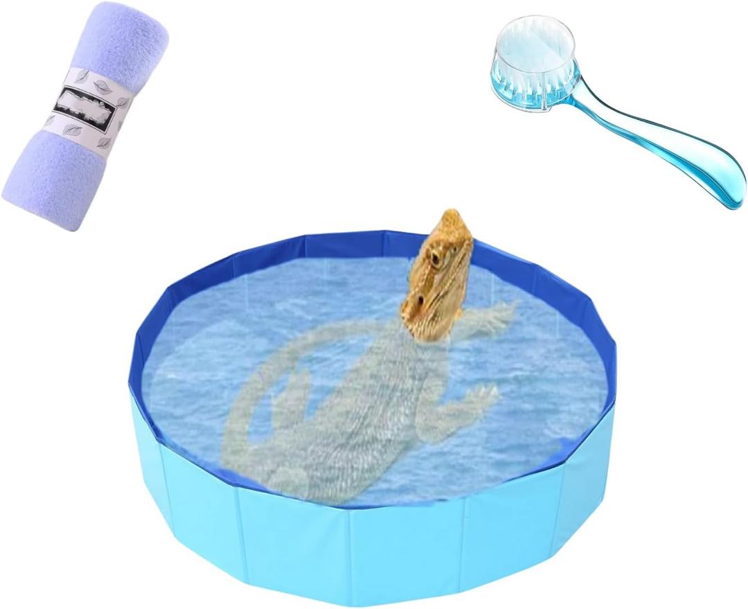 Bearded Dragons Foldable Bathtub with Soft Brush and Towel Set Reptile Accessories Swimming Pool Relax Cleaning Set for Small Pets Guniea Pig Turtle Hedgehog (11.8x3.93In)
