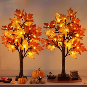 2 Pack Fall Maple Tree Fall Decorations for Home, Battery Operated 24" Tall 24 LED Lights Fall Tree with Timer for Party Tabletop Indoor Outdoor, Thanksgiving Gift Autumn Harvest Home Decor