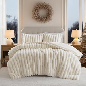 Madison Park King Comforter Set Reversible Faux-Fur Plush Comforters for King Size Bed, All Season Luxurious Ribbed Velvet Comforters King Size Bedding Set, Jasmine, King, Ivory 3 Piece