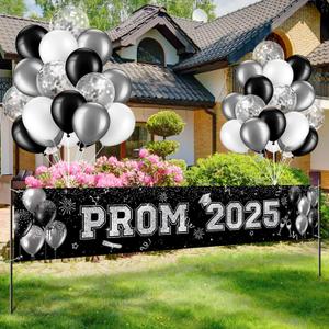 36 Pcs Graduation Prom Banner Decorations for Party 2025, Prom 2025 Congrats Grad Banner Yard Decorations, Black and Silver Glitter Balloons Decor Set Hanging Photo Backdrop Party Supplies